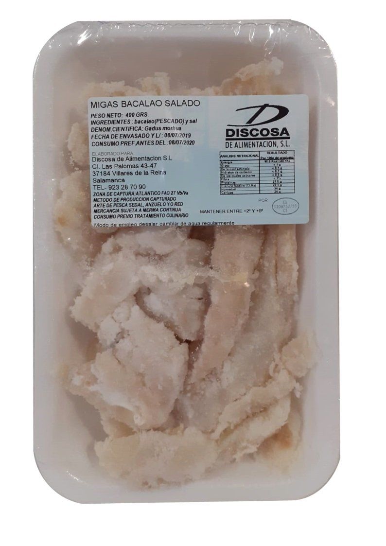 BACALAO DESMIGADO DISCOSA. BANDEJA 400 G.